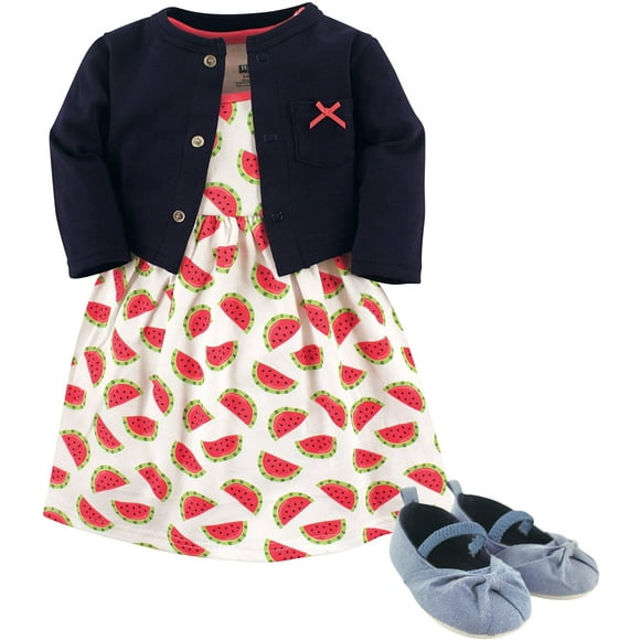 Hudson Baby Girls Cotton Dress, Cardigan and Shoe Set