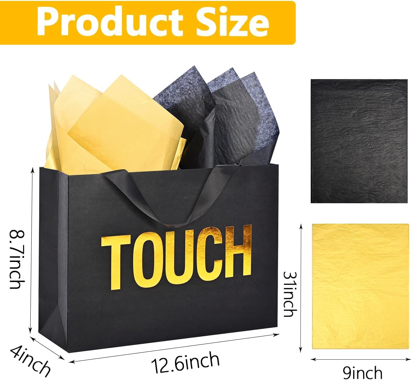 DECHISY 5 Senses Gift Bags, Gold Foil Sight Smell Touch Taste Sound Gift Bags,Five Senses Gift Bag for Him with Handles and Tissue Paper for Birthday, Mothers Day, Anniversary, Christmas(12.