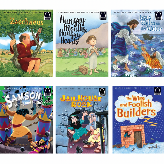 Arch Books Favorite Bible Stories : Jesus Walks On Water; Samson; Wise and Foolish Builders; Zacchaeus; Hungry Mouths; Jail House Rock (Paperback Set)