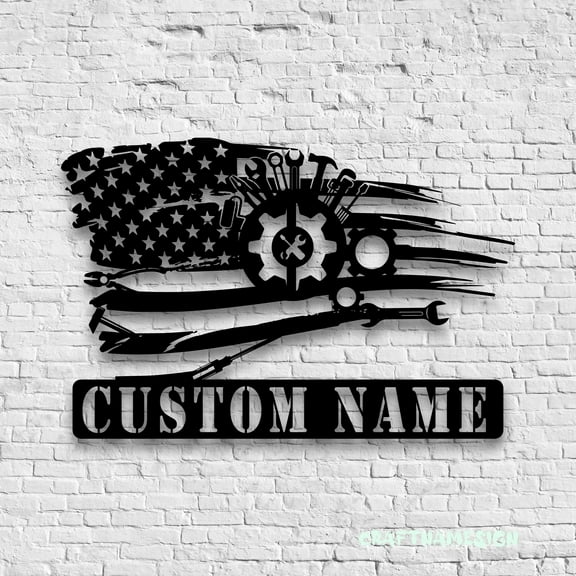 Craftnamesign Custom US Mechanic Tools Metal Wall Art LED Light, Car Repair Handyman Name Sign