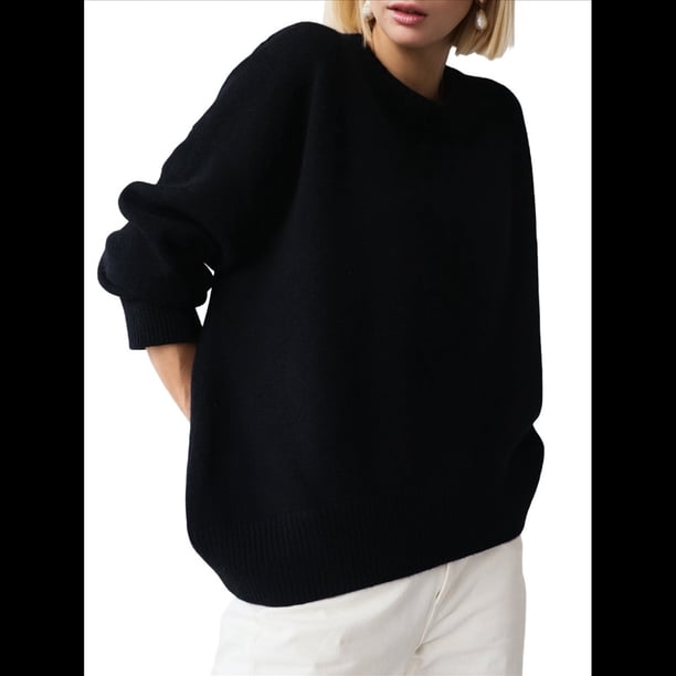 Suéter de Punto de Larga para Mujer, Jersey de Cuello Redondo, Suéter Informal Holgado. Negro Talla Única