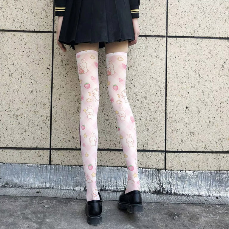 Women Lolita Cartoon Rabbit for Cat Printed Thigh High Stockings