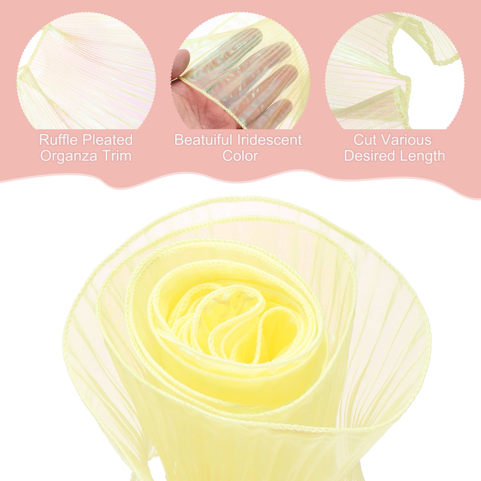 Uxcell 5.5" x 11 Yards Ruffle Pleated Organza Trim Iridescent Pleated Lace Trim Ribbon for DIY Craft Dress Clothing Wedding Gift Home Decoration, Yellow
