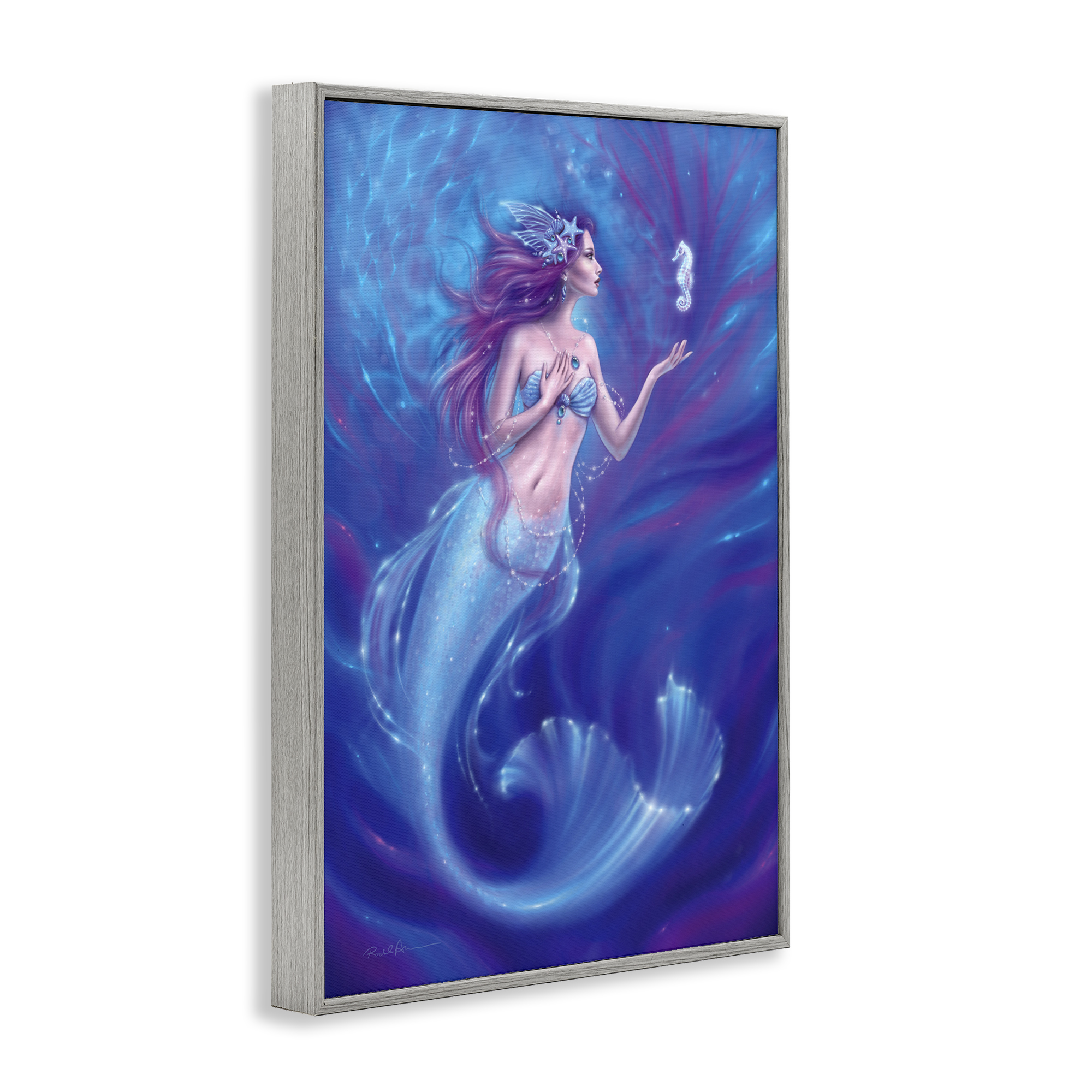 Jewel Bedecked Mermaid & Seahorse Gray Framed Giclee Art, design by Rachel Anderson