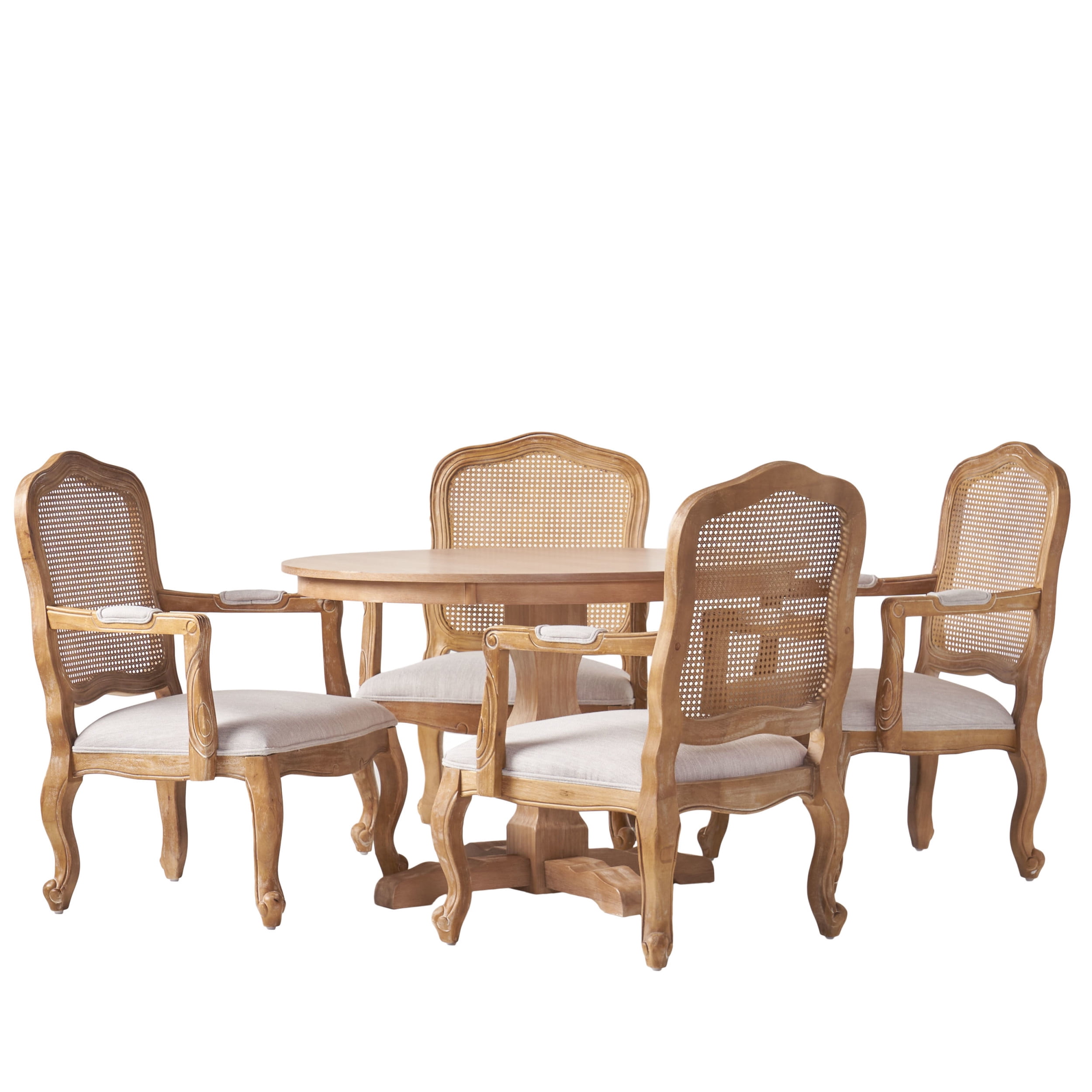 Noble House Ardene Fabric Upholstered Wood and Cane 5 Piece Circular Dining Set, Natural and Light Gray