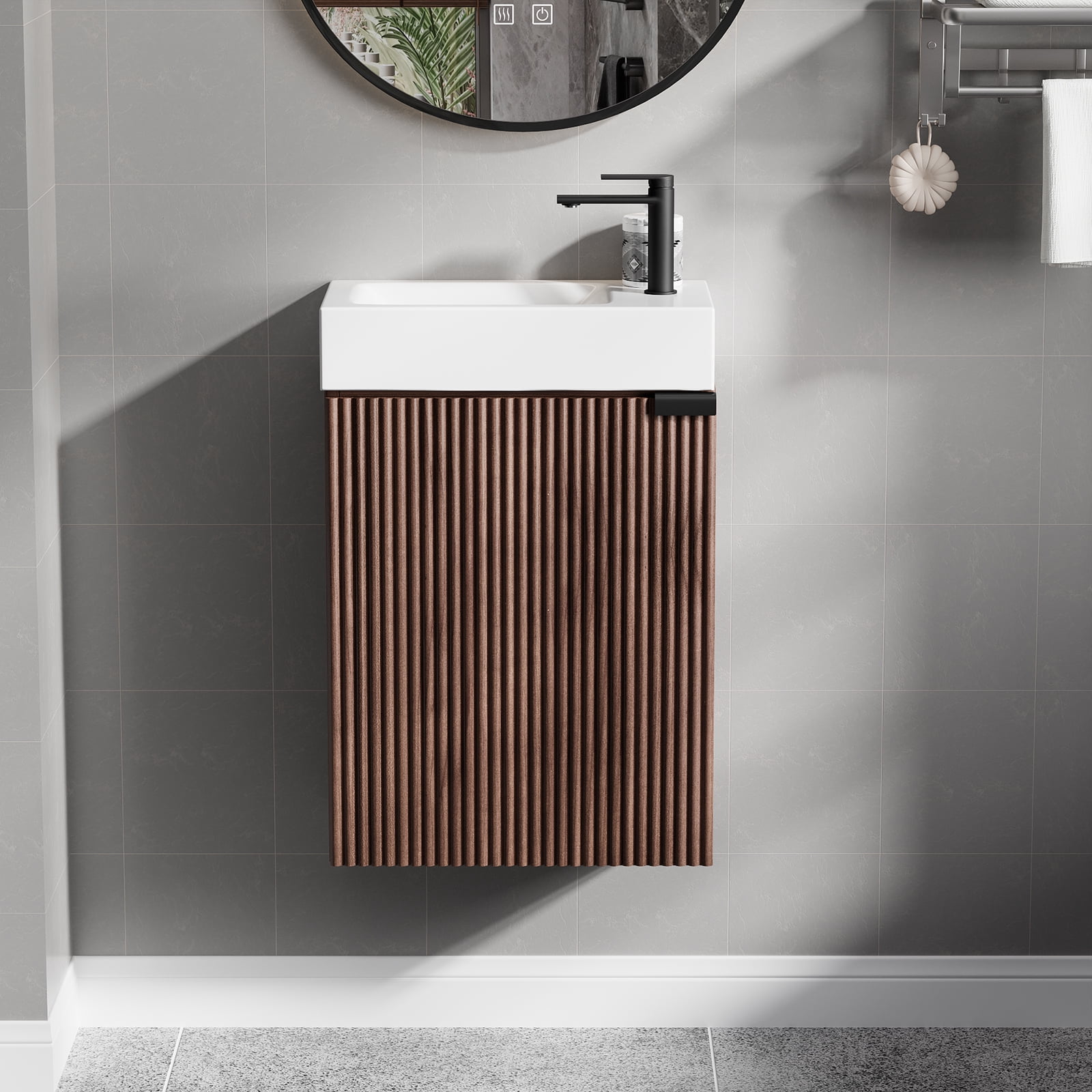 16" Bathroom Vanity with Sink & Cabinet, Soft-Closing Doors, Adjustable Shelf, Wall-Mounted Wooden Storage Vanity with Drain Assembly, Space-Saving for Small Toilet/Bathroom