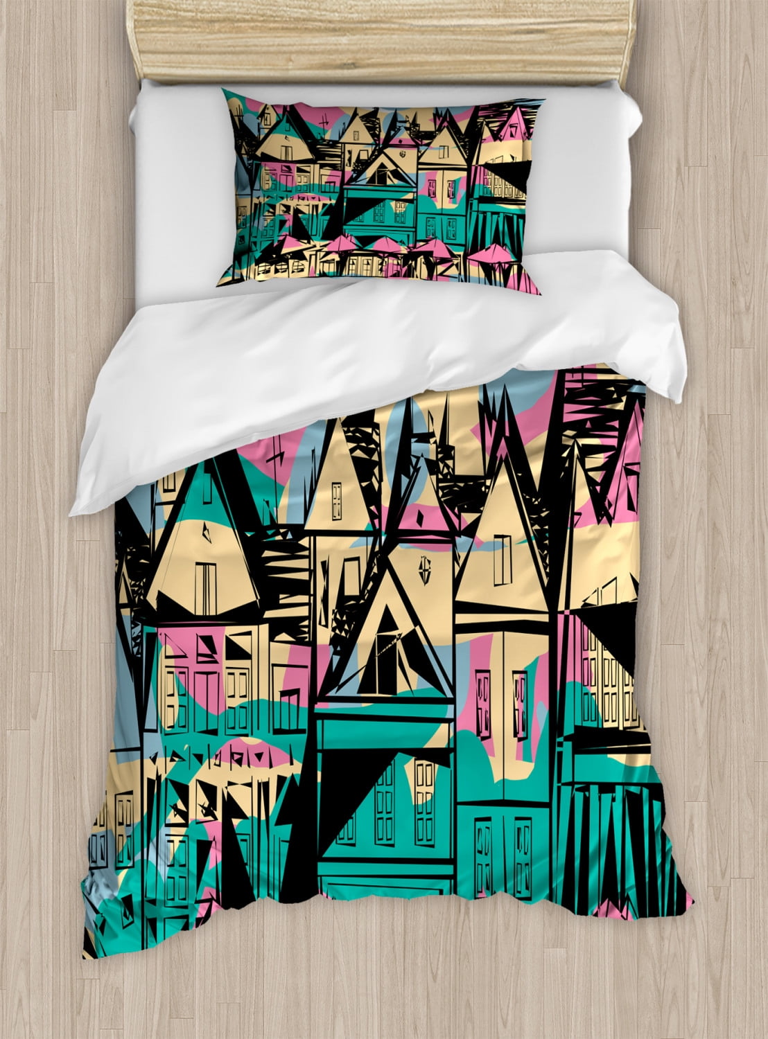 Amsterdam Duvet Cover Set Twin Size, Hand Drawn Streets and Houses of Netherlands, Decorative 2