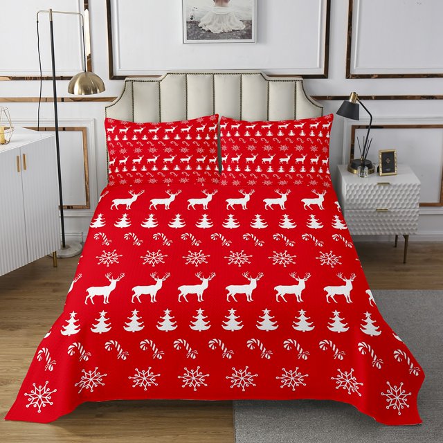 YST Christmas Twin Bedspread Set,Xmas Elk Deer Quilt Set,Winter Snowflake Coverlet Set Candy Pine Tree Christmas Gift Bedspread Sets,Red Christmas Decoration