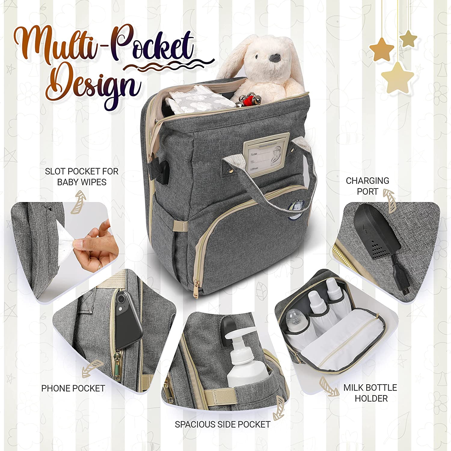 Baby Diaper Bag with Changing Station – Diaper Bag Backpack and USB Port, Insulated Bottle Bag, Mosquito Net, Sunshade – Comfortable and Stylish with Practical Stroller Hooks (Grey)