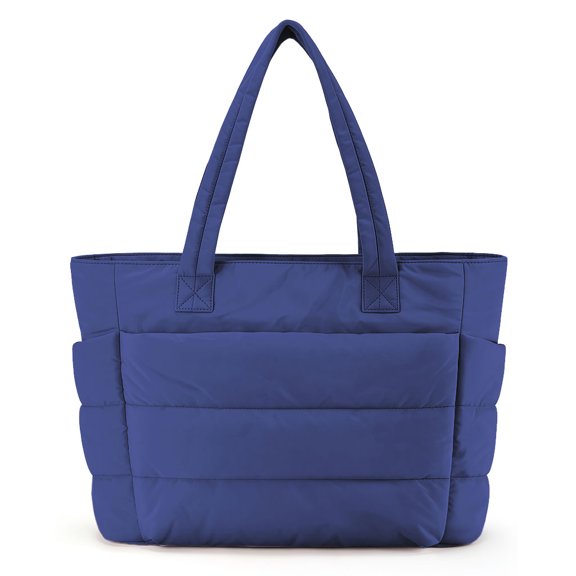 Muka Puffy Tote Bag with Compartments, Quilted Shoulder Bag Handbag for Travel, Work, Gym-Navy
