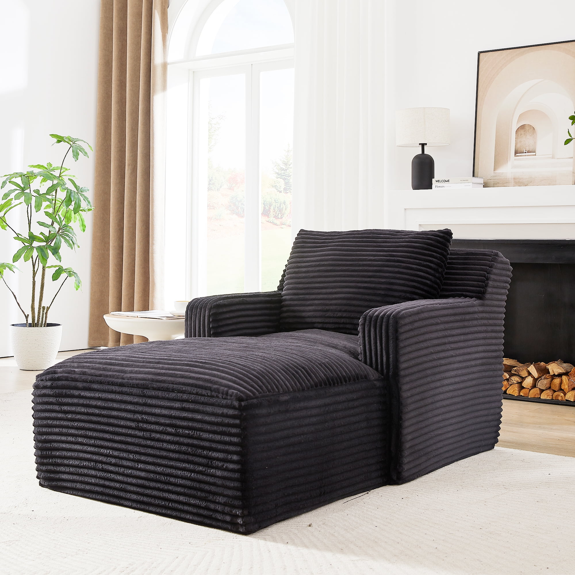MAYEERTY Corduroy Single Chaise Lounge Sofa, Modern Comfy Sleeper Couch for Apartment, 65×39" Black