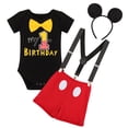 thumbnail image 3 of IBTOM CASTLE Toddler Baby Boys Mouse Cosplay Bowtie Romper + Suspenders + PP Pants + Mouse Headband 1st Birthday Outfit Halloween Cake Smash Tuxedo Clothes 12-18 Months Black - My 1st Birthday, 3 of 8