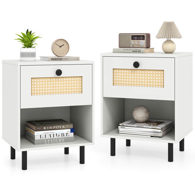 Costway 2 PCS Rattan Nightstand Boho End Table with Drawer & Open Shelf for Living Room White
