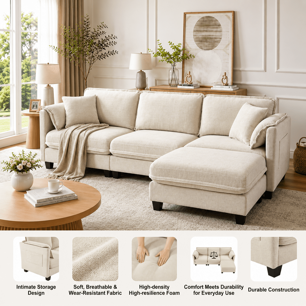 Avobird 97-inch L-shaped Sofa, Upholstered Deep Seat Sofa with Cotton-Linen Brushed Fabric, Ottoman & Side pocket, 3-Seater Sofa for Living Room, Beige