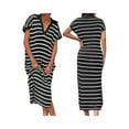 thumbnail image 2 of Komoo Women Striped Knit Dress Short Sleeve V Neck Collared Side Slit Dress Summer T Shirt Dress, 2 of 7