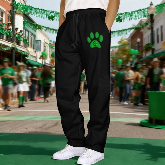 Yaoyar Men's Saint Patrick's Day Print Casual Cargo Pants with Pockets and Drawstring Elastic Waist Straight Leg Athletic Workwear Style Long Trousers,XL,Black
