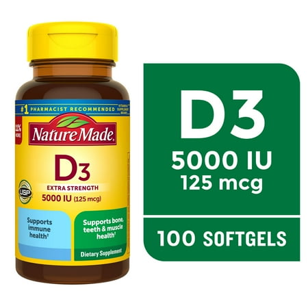 Nature Made Extra Strength Vitamin D3 5000 IU (125 mcg) Softgels, Dietary Supplement for Bone and Immune Health Support, 100 Count