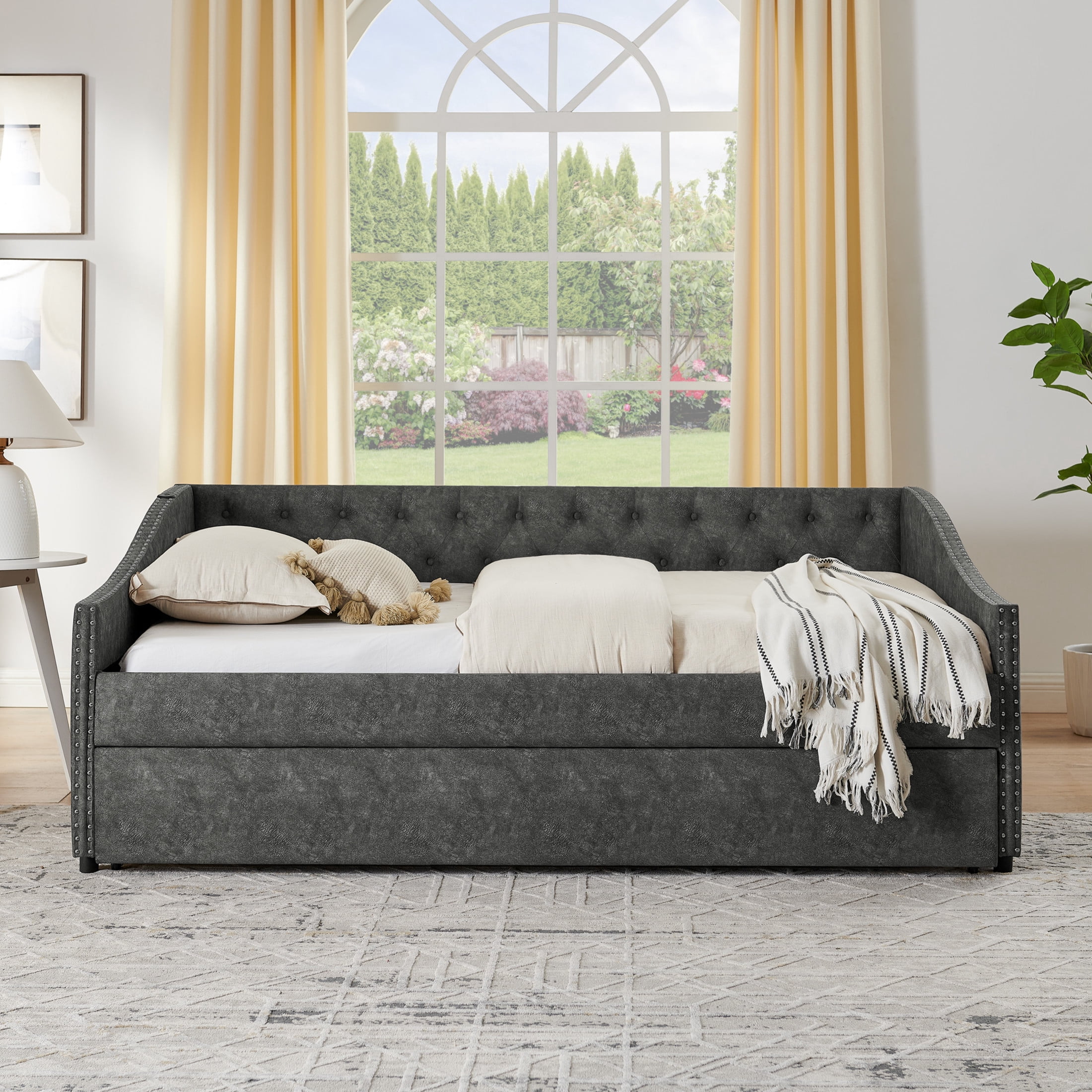 Noble House Liza Full Size Upholstered Tufted Daybed, Extendable Pull-out Double Bed Frame with Charging Port, Grey