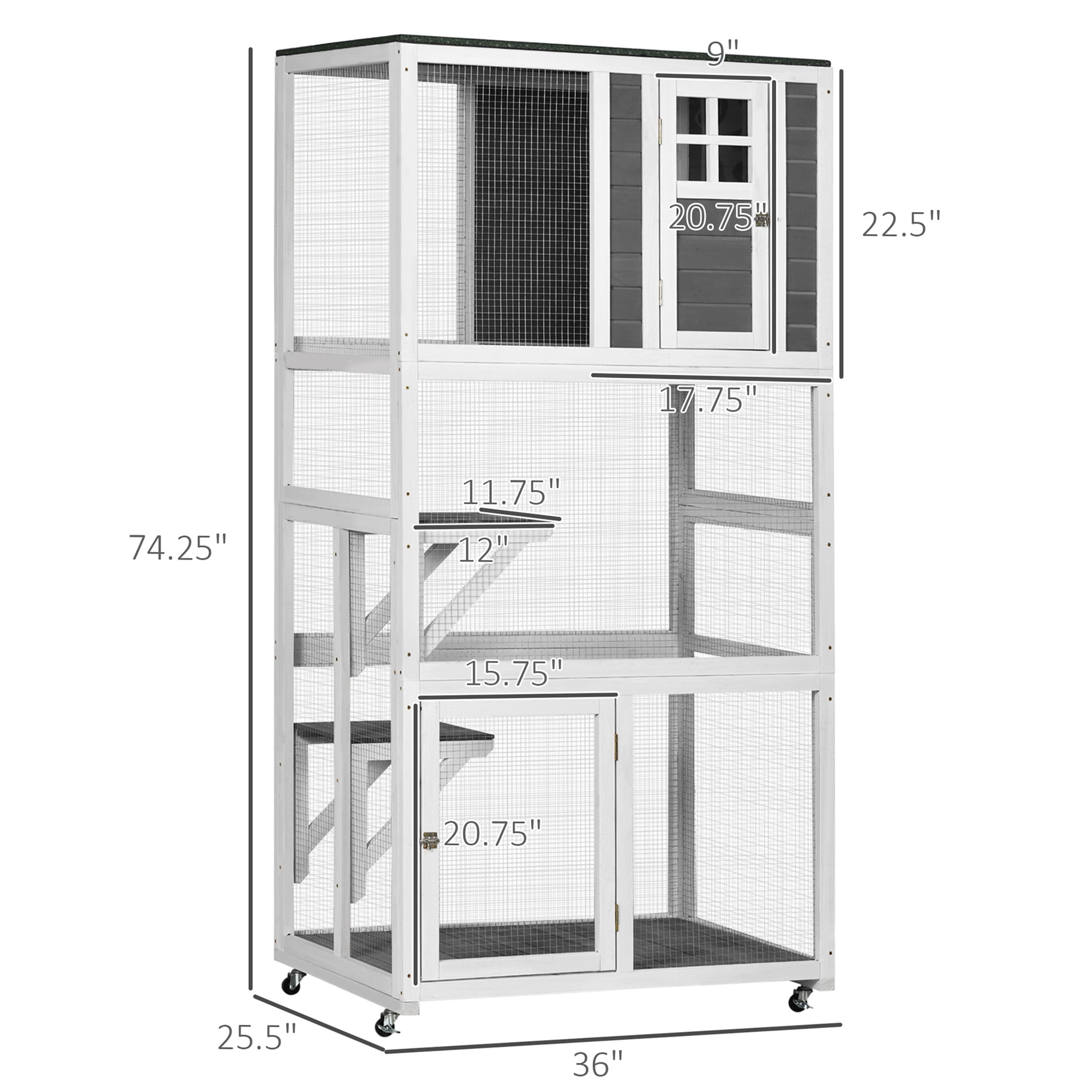 JERFIT 74 Inch Outdoor Cat House with Wheels, Weatherproof Wooden Catio Enclosure, Large Gray Cat Cage Condo for Indoor Outdoor Use