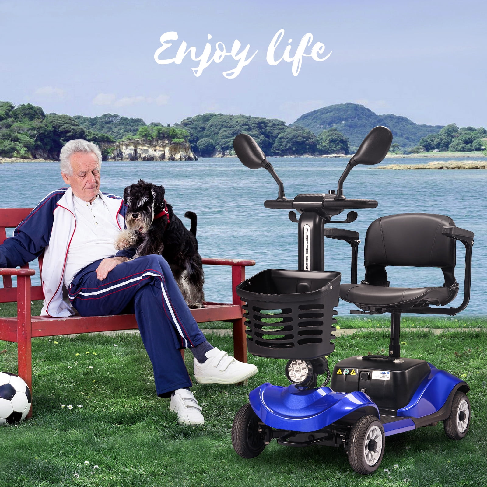 Morrean 4 Wheels Folding Travel Mobility Scooter for Senior, Electirc Wheelchair with Basket for Adults, Blue