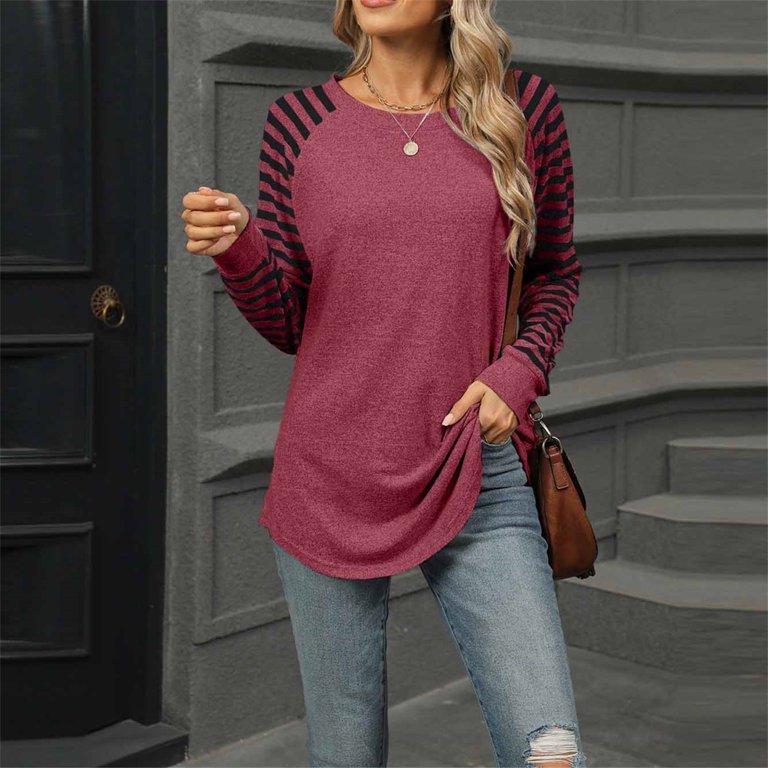 Zekutng Womens Tops Long-Sleeve, Long-Line Striped Raglan Crewneck