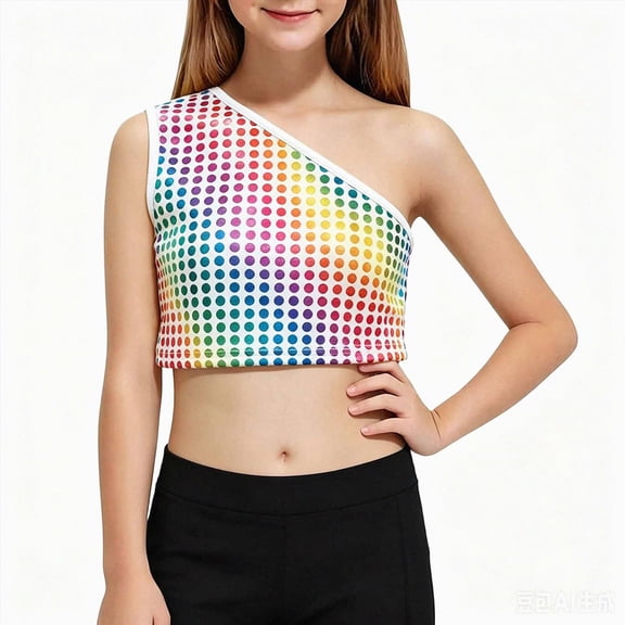 xaweyi Glitter Girls Slim Sleeveless Shoulder Cut Short Tee Plain Shiny Dance Outfit Evening Club Performance Clothes,Sizes 15-18 Years