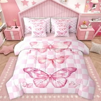 Homewish Cute Cartoon Butterfly 7 Pieces Bedding Comforter Set,Pink Bow Knot Full Bedding Set,Modern Geometric Grid Fitted Sheet Flat Sheet For Kids,Breathable Home Decor Reversible
