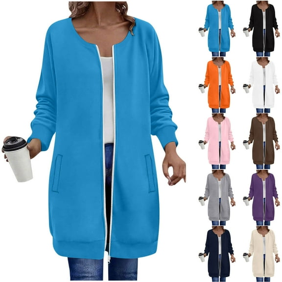 jtjvou Long Hoodies for Women Zip Up Fleece Oversized Tunic Sweatshirts with Pockets 2025 Fall Lightweight Jackets Beige L