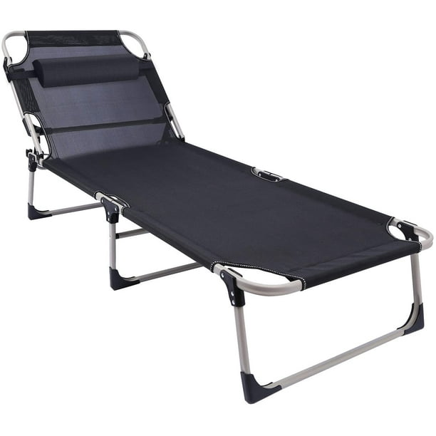 Lineslife Folding Sunbathing Lounge Chair for Adults, Adjustable 4-Position Reclining Tanning Chair with Pillow, Portable Camping Cots for Beach Pool, Black Walmart.com