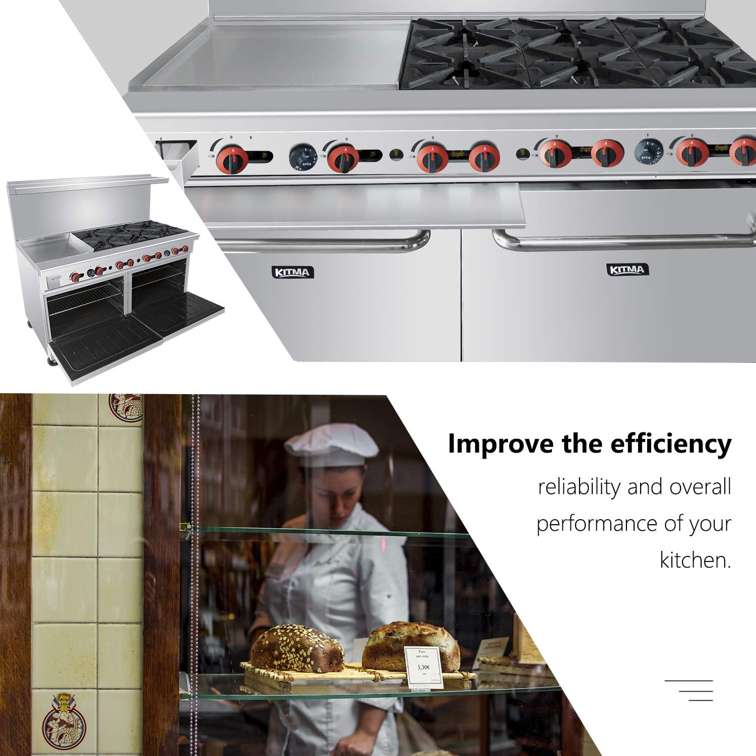 ELEKTHERMAX gas stove with 6 burners, electric oven, 2 pan support grids  and 1 griddle plate