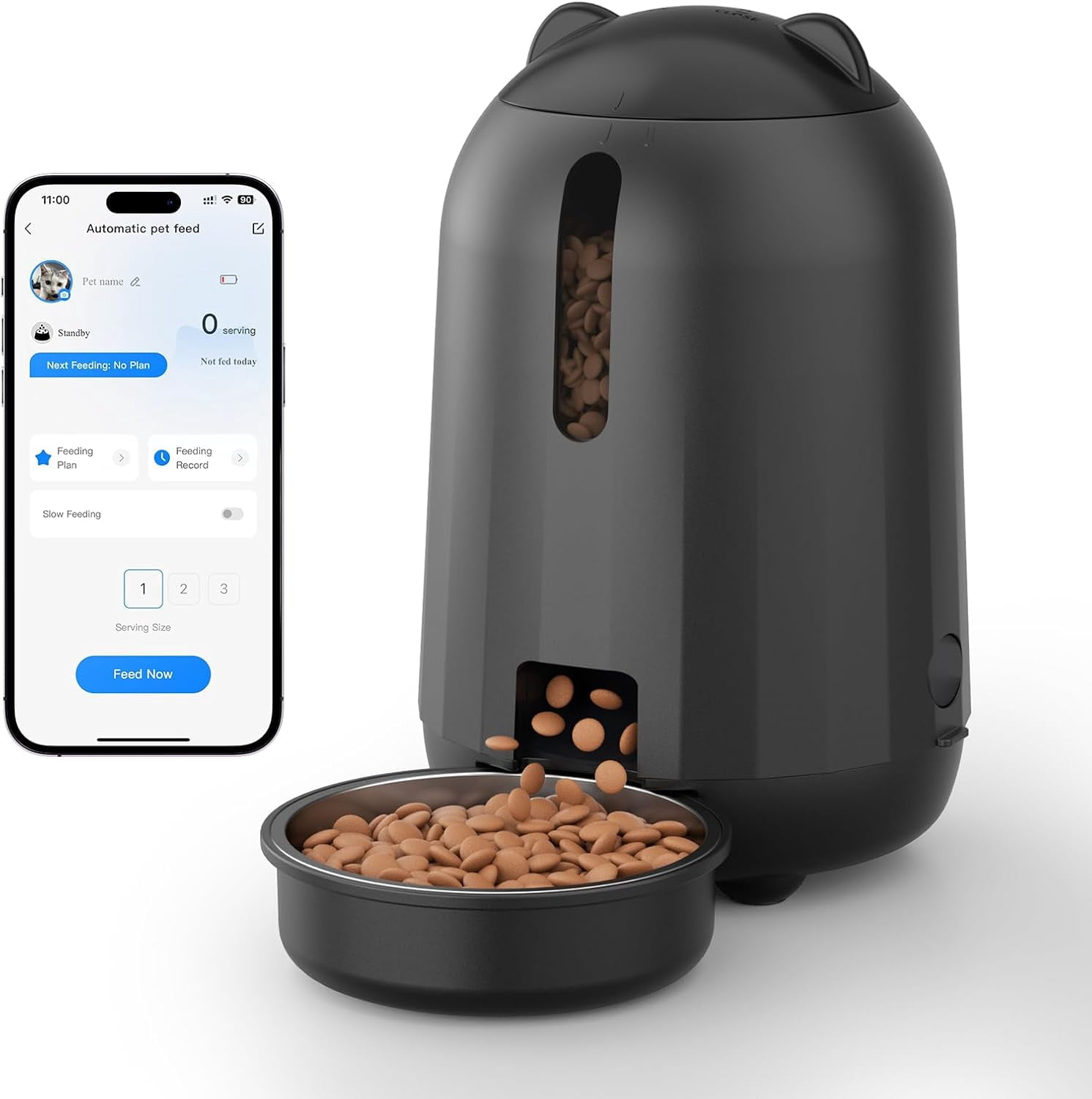 Automatic Cat & Small Dog Feeder – 3L WiFi App-Controlled Food Dispenser, Dual Power Backup, Slow Feed Mode, Detachable for Easy Cleaning, Black