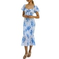 thumbnail image 2 of Coduop Women Floral Midi Dress Short Puff Sleeve Square Neck Bodycon Ruffle Mermaid Smocked Dress, 2 of 9