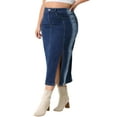 thumbnail image 2 of DARING DIVA Women's Plus Side Slit Button with Pocket Jean Denim Skirts 1X Dark Blue, 2 of 6