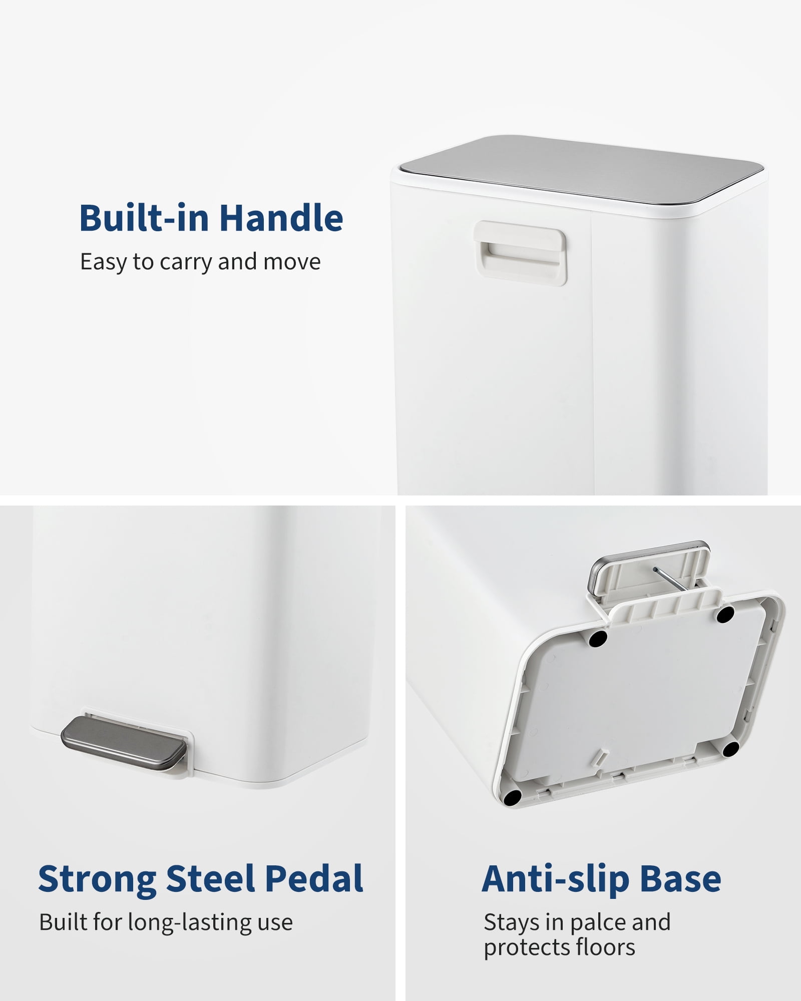 Babevy 15L Stainless Steel Trash Can, Rectangular Garbage Bin with Soft-Close Lid,for Kitchen, Bathroom, Office