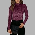 thumbnail image 2 of Women's Mock Neck Velvet Top Long Sleeve Printed Slim-Fit Base Layer Solid Casual Spring & Autumn Blouse,XL,Wine, 2 of 8