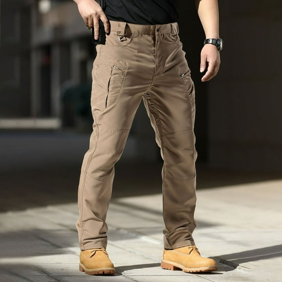 Zimjoy Pants for Men Cargo Waterproof Ripstop Work Pants Light Weight Relaxed Fit Utility Trousers Durable Waistband Hiking Trousers with Multi Pocket, Khaki L