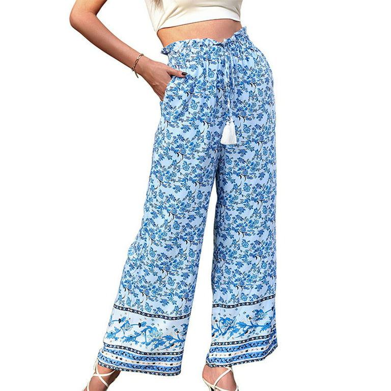 Womens Boho Floral Print Palazzo Pants High Waisted Tie-Up Wide