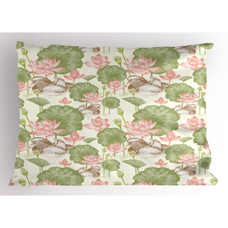 Rubber Duck Pillow Sham Mandarin Ducklings in Lake Flowers Lilies Vintage Print River Nature, Decorative Standard Size Printed Pillowcase, 26 X 20 Inches, Pink Green and White, by