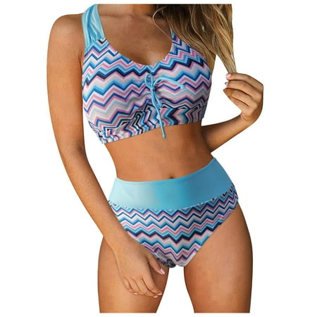 Women s High Waisted Bikini Sets Two Piece Swimsuit Sexy Push Up Vintage Retro Ruched Print Swim Suits For Women 2025 Bathing Suit Light Blue M