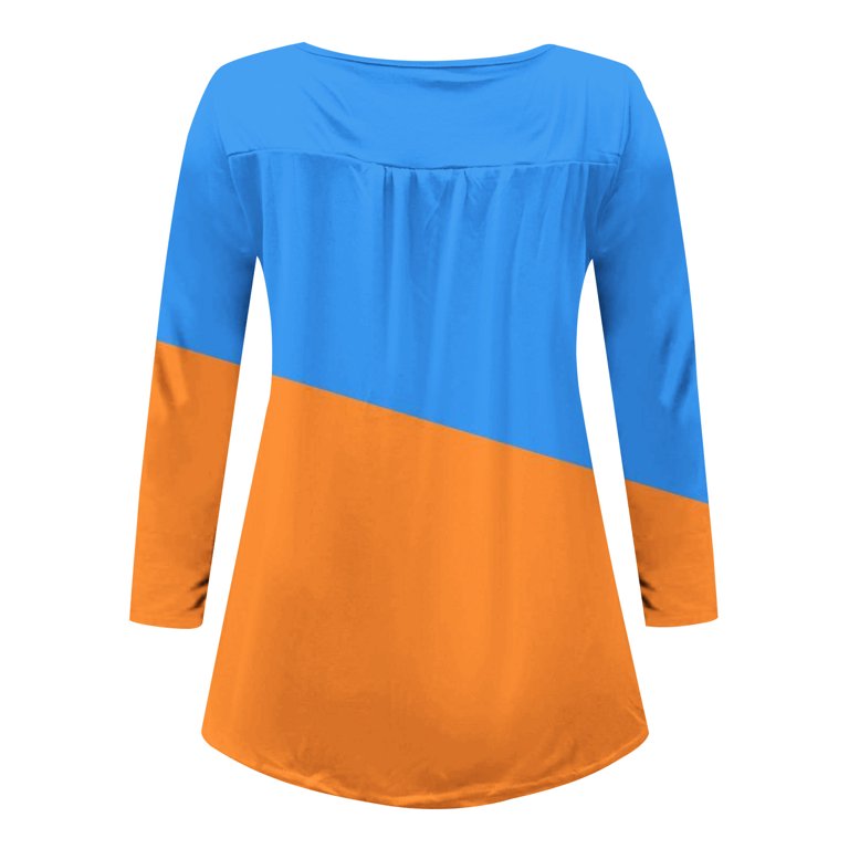 RQYYD Workout Tops for Women Pleated Color Block Tunic Henley Shirts Button  Up T-Shirts Long Sleeve Fit Loose Blouse with Leggings Blue XL