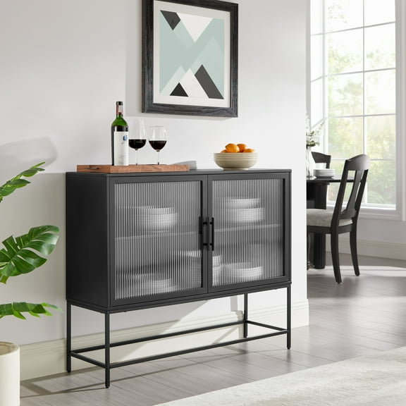Mainstays Metal and Fluted Glass Bar Cabinet, Black Finish