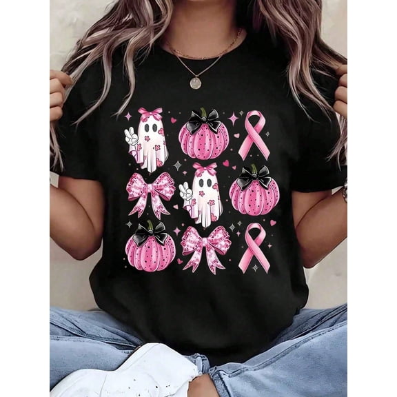 In October We Wear Pink Breast Cancer Awareness T-Shirt for Women, Pink Ghost Pumpkin Bow Fall Halloween Graphic Soft Cotton Relaxed Fit Casual Tee
