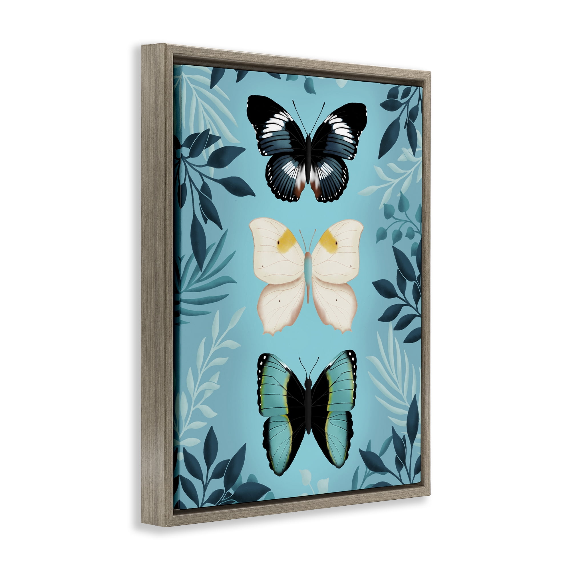 Stupell Industries Three Exotic Blue Butterflies Brown Framed Floater Canvas Wall Art, design by Metka Hiti