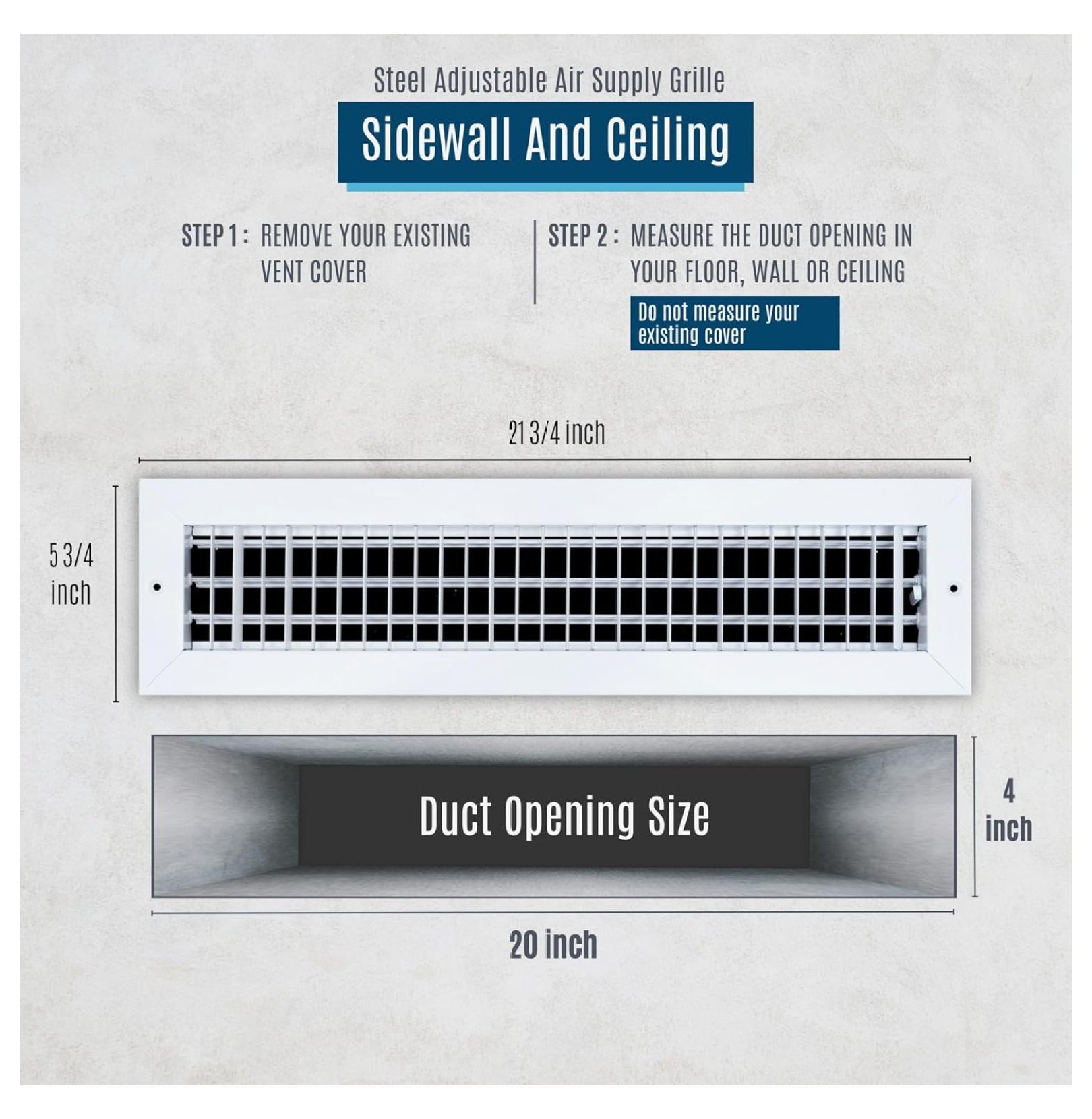 Fits 20x4 Duct Opening Steel Adjustable Air Supply Grille by | Register Vent Cover Grill for Sidewall and Ceiling | White | Outer Dimensions: 21.75" X 5.75"