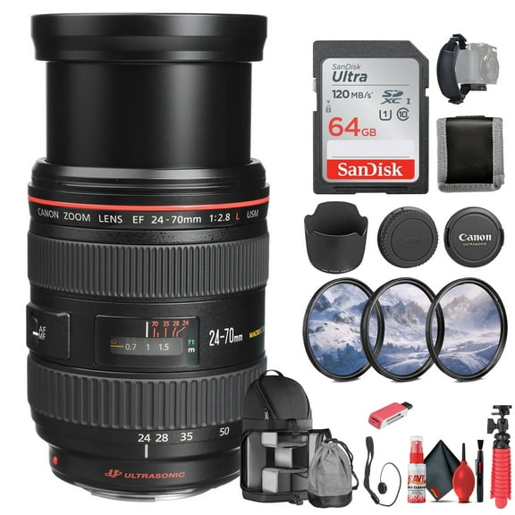 Canon EF 24-70mm F2.8L USM Standard Zoom Lens for Canon SLR Cameras 8014A002 64GB Memory Card Filter Kit BackPack Card Reader Flex Tripod Memory Wallet Cap Keeper International Model