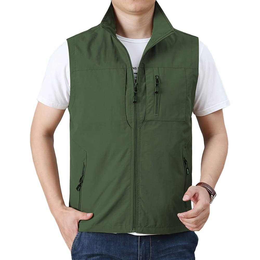HAORUN Men Stand Collar Cargo Vest Breathable Sleeveless Utility Jacket ...