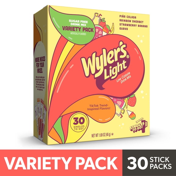 Wyler’s Light Watertok Island Flavors Singles to Go Powdered Drink Mix Variety Pack (Pina Colada, Rainbow Sherbert, Strawberry Banana, Guava), 30 Count Packets