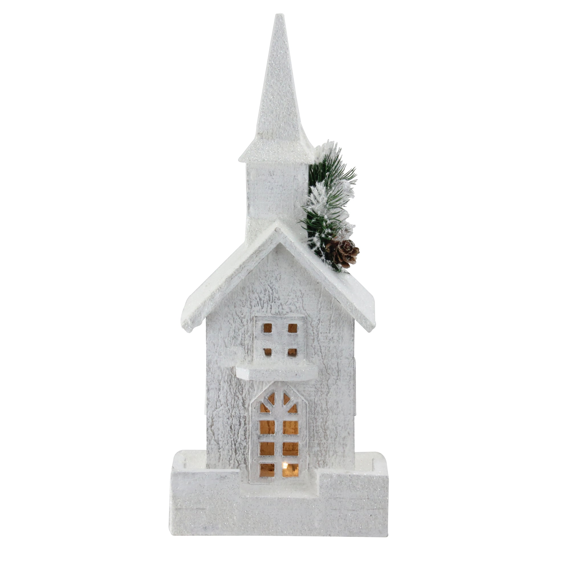 16.5&quot; White and Green LED Lighted Snowy Church Christmas Decor