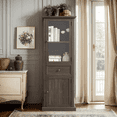 thumbnail image 3 of CKEASEAN 65" H Tall Narrow Bookcase with Tempered Glass Door and Drawer - Elegant Freestanding Pantry Cabinet for Living Room and Office, 3 of 15