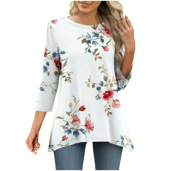 CYMMPU Women's Floral Printed 3/4 Length Sleeve Summer Fall Shirts Casual Basic Tees Crewneck Business Work Blouses to Wear with Leggings Trendy Hide Belly Tunic Tops 2025 Clothes White L